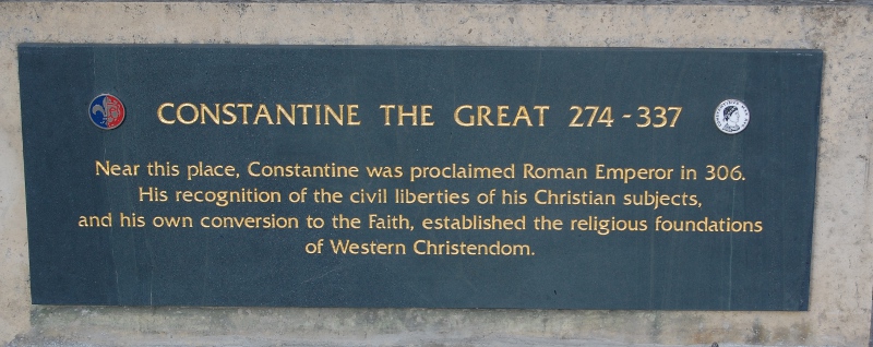 Plaque below Constantine's statue outside York Cathedral