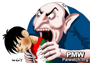 Palestinian cartoon showing a Jew eating a Palestinian child - from PMW