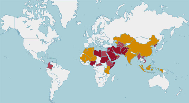 World map showing where persecution occurs - mostly in the 10;40 window of Islam.