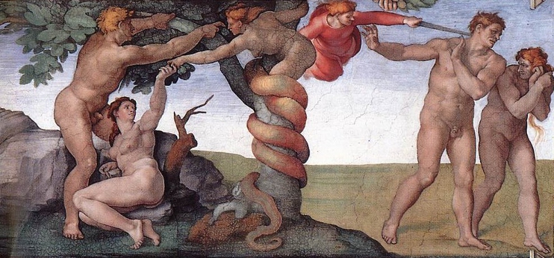 The fall of Adam and Eve as depicted in the Sistine Chapel by Michelangelo