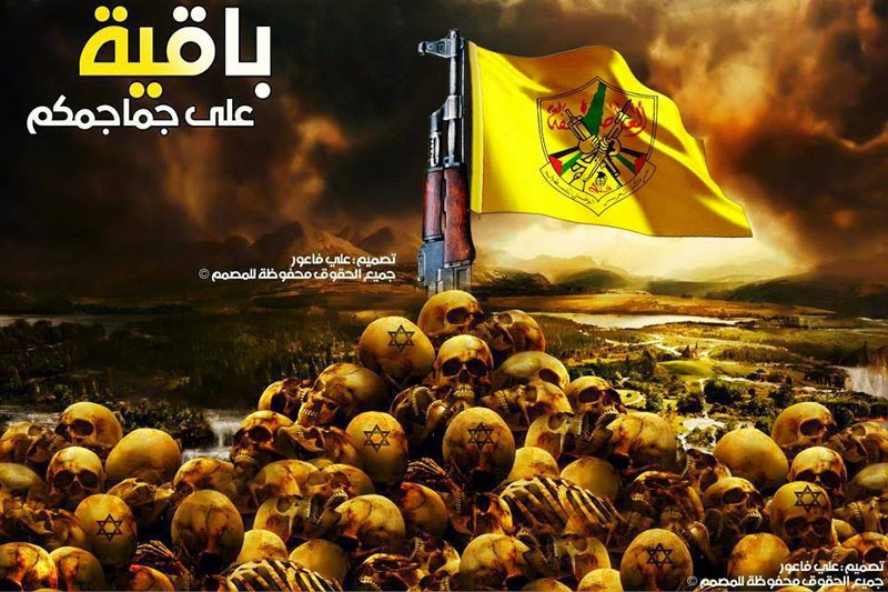 Shocking image of piles of Jewish skulls with AK47 and Fatah flag
