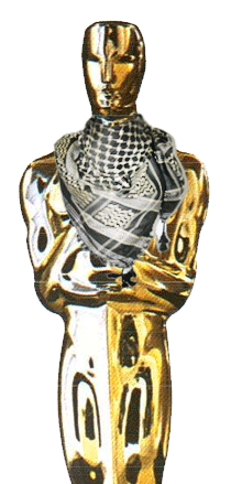 The graphic of the Pallywood Oscar - like the Hollywood oscars byt wearing a kefiya. www.pallywood.com